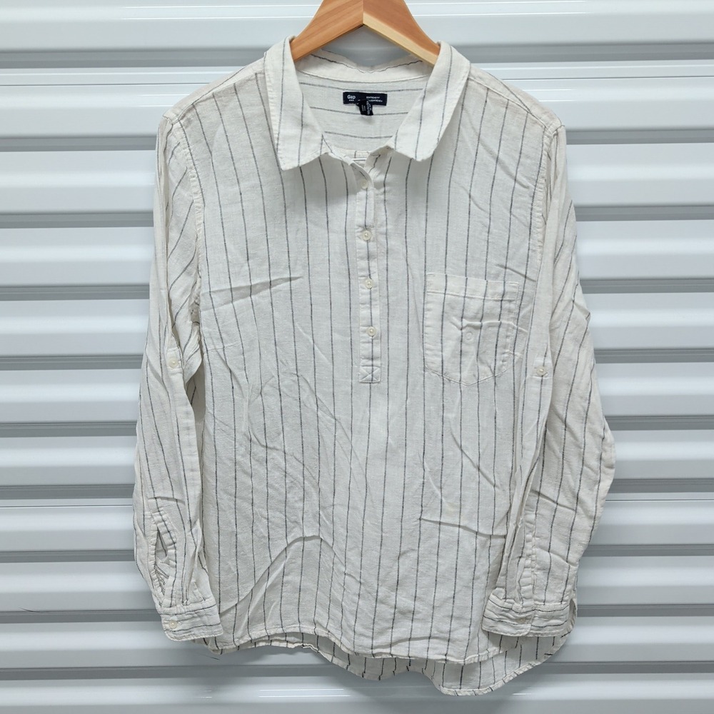 Gap Boyfriend Fit Size XL Womens Ivory Black Striped Linen Blend Henley Tunic — photo 3
